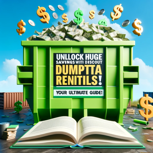 A bright green dumpster with "Huge Savings" printed on it, beside an open book titled "Your Ultimate Guide," against a background of money symbols and a clear blue sky.