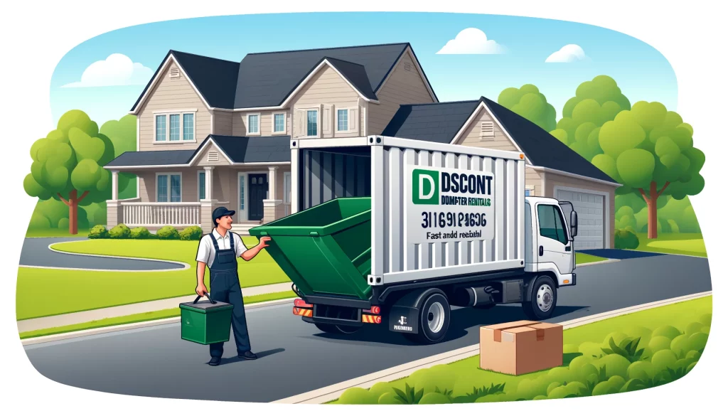 A clean, well-maintained dumpster being delivered to a residential neighborhood by a friendly driver in a Discount Dumpster Rentals uniform.